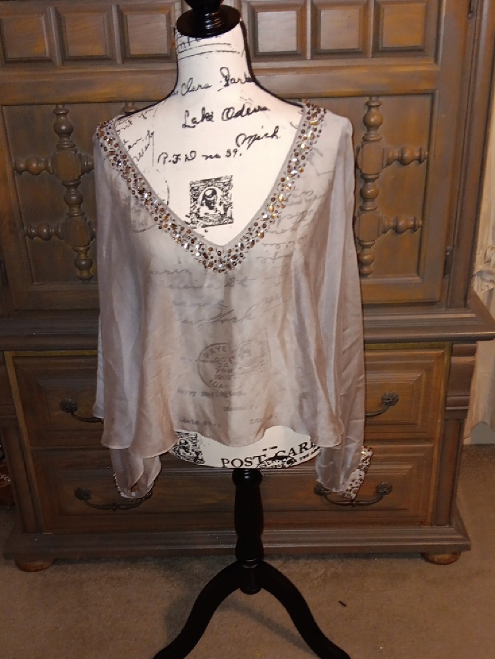 Beaded V-Neck Sheer Blouse in Taupe